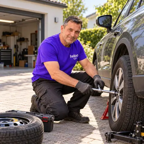 Vyras violetiniais Helpo marškinėliais raktu atsuka automobilio rato varžtus kieme prie garažo